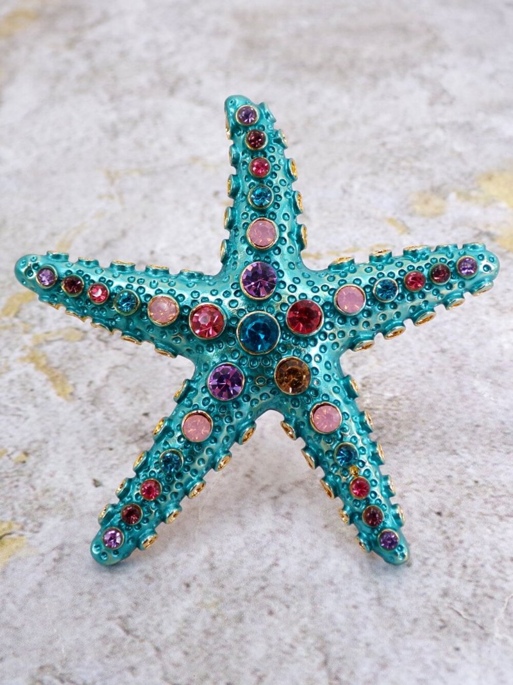 Colorful starfish pin brooch with multi color crystals aqua blue finish New